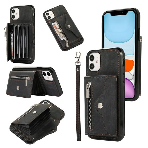 ELEHOLD Crossbody Wallet Case for iPhone 11 6.1" with RFID Card Slots Zipper Pocket Kickstand Function Shockproof Purse Case with Detachable Shoulder Strap for iPhone 11,Black