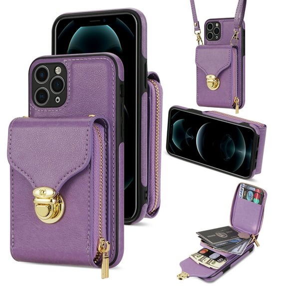 ELEHOLD Crossbody Wallet Case for iPhone 11 Pro Max 6.5",Premium Leather Case with Card Holders Zipper Pocket Metal Snap Stand Function Detachable Shoulder Strap Luxury Case for Women,Purple