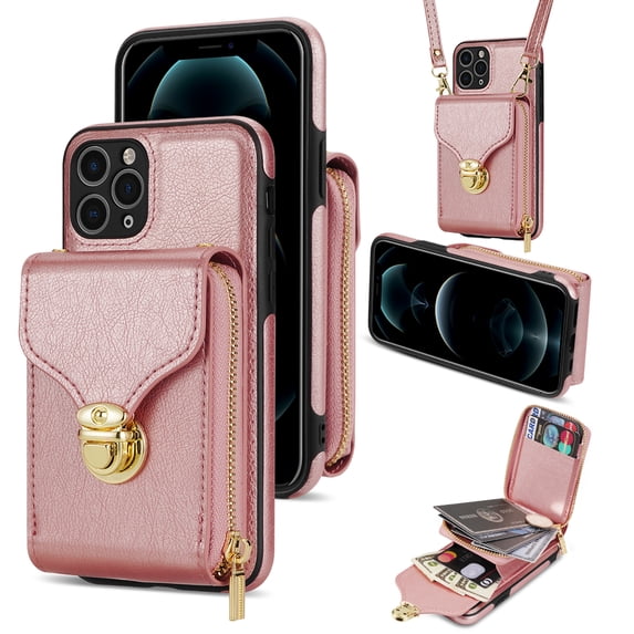 ELEHOLD Crossbody Wallet Case for iPhone 11 Pro Max 6.5",Premium Leather Case with Card Holders Zipper Pocket Metal Snap Stand Function Detachable Shoulder Strap Luxury Case for Women,Rosegold