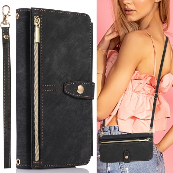 ELEHOLD Crossbody Wallet Case for iPhone 11 Pro Max, Zipper Purse Case Card Holder with Kickstand Detachable Wrist Strap Lanyard, PU leather Flip Folio Case,Black