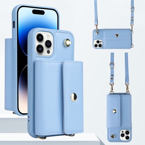 ELEHOLD Crossbody Wallet Case for iPhone 11 Pro PU Leather Double Buttons Shockproof Flip Cover with Detachable Shoulder Strap Card Slots Kickstand,Skyblue