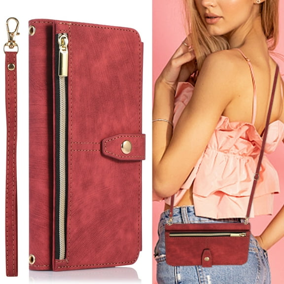 ELEHOLD Crossbody Wallet Case for iPhone 12 Mini, Zipper Purse Case Card Holder with Kickstand Detachable Wrist Strap Lanyard, PU leather Flip Folio Case,Red