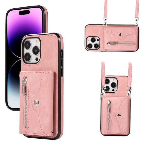 ELEHOLD Crossbody Wallet Case For iPhone 12 Pro / 12 6.1",with RFID Card Slots Zipper Pocket Kickstand Function Shockproof Purse Case with Detachable Shoulder Strap,Rosegold