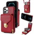 thumbnail image 1 of ELEHOLD Crossbody Wallet Case for iPhone 12 Pro Max 6.7",Premium Leather Case with Card Holders Zipper Pocket Metal Snap Stand Function Detachable Shoulder Strap Luxury Case for Women,Red, 1 of 10