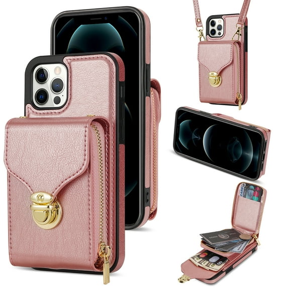 ELEHOLD Crossbody Wallet Case for iPhone 12 Pro Max 6.7",Premium Leather Case with Card Holders Zipper Pocket Metal Snap Stand Function Detachable Shoulder Strap Luxury Case for Women,Rosegold