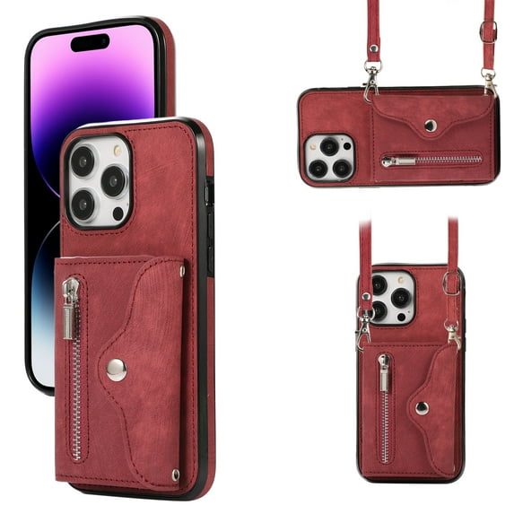 ELEHOLD Crossbody Wallet Case For iPhone 12 Pro Max,with RFID Card Slots Zipper Pocket Kickstand Function Shockproof Purse Case with Detachable Shoulder Strap,Red