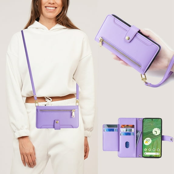 ELEHOLD Crossbody Wallet Case for iPhone 12 / iPhone 12 Pro, Zipper Phone Case with Card Holder Large Capacity Wrist Strap Leather Purse Cover 6.1 Inch for Women Men,Purple
