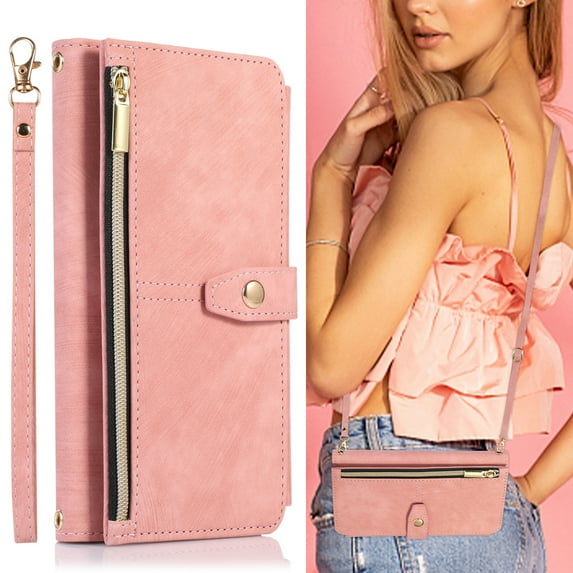 ELEHOLD Crossbody Wallet Case for iPhone 12 / iPhone 12 Pro, Zipper Purse Case Card Holder with Kickstand Detachable Wrist Strap Lanyard, PU leather Flip Folio Case 6.1",Pink
