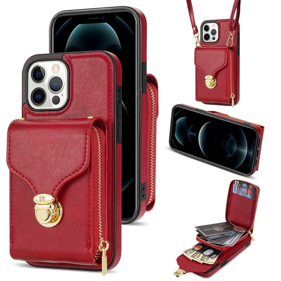 ELEHOLD Crossbody Wallet Case for iPhone 13 Pro 6.1",Premium Leather Case with Card Holders Zipper Pocket Metal Snap Stand Function Detachable Shoulder Strap Luxury Case for Women,Red