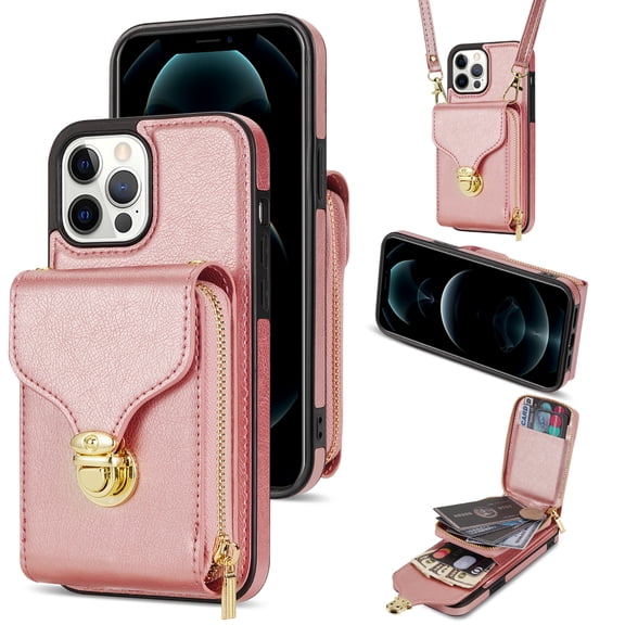 ELEHOLD Crossbody Wallet Case for iPhone 13 Pro 6.1",Premium Leather Case with Card Holders Zipper Pocket Metal Snap Stand Function Detachable Shoulder Strap Luxury Case for Women,Rosegold