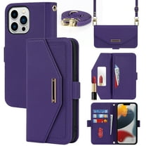 ELEHOLD Crossbody Wallet Case for iPhone 13 Pro Max 6.7" with Card Slots Hidden Make Up Mirror Magnetic Closure Detachable Shoulder Strap for Women Girls Elegant Purse Case,Purple