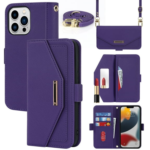 ELEHOLD Crossbody Wallet Case for iPhone 13 Pro Max 6.7" with Card Slots Hidden Make Up Mirror Magnetic Closure Detachable Shoulder Strap for Women Girls Elegant Purse Case,Purple