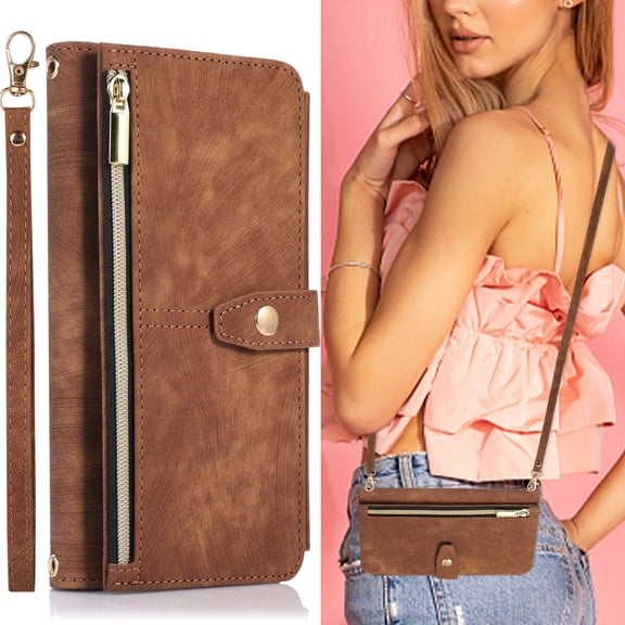 ELEHOLD Crossbody Wallet Case for iPhone 13 Pro Max, Zipper Purse Case Card Holder with Kickstand Detachable Wrist Strap Lanyard, PU leather Flip Folio Case,Brown
