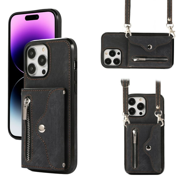 ELEHOLD Crossbody Wallet Case For iPhone 13 Pro,with RFID Card Slots Zipper Pocket Kickstand Function Shockproof Purse Case with Detachable Shoulder Strap,Black
