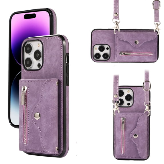 ELEHOLD Crossbody Wallet Case For iPhone 13 Pro,with RFID Card Slots Zipper Pocket Kickstand Function Shockproof Purse Case with Detachable Shoulder Strap,Purple