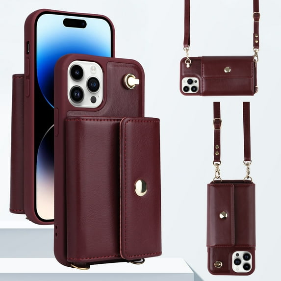 ELEHOLD Crossbody Wallet Case for iPhone 14 PU Leather Double Buttons Shockproof Flip Cover with Detachable Shoulder Strap Card Slots Kickstand,Winered