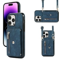 ELEHOLD Crossbody Wallet Case For iPhone 14 Plus,with RFID Card Slots Zipper Pocket Kickstand Function Shockproof Purse Case with Detachable Shoulder Strap,Blue