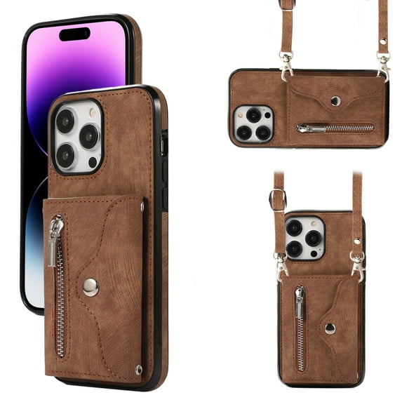 ELEHOLD Crossbody Wallet Case For iPhone 14 Plus,with RFID Card Slots Zipper Pocket Kickstand Function Shockproof Purse Case with Detachable Shoulder Strap,Brown
