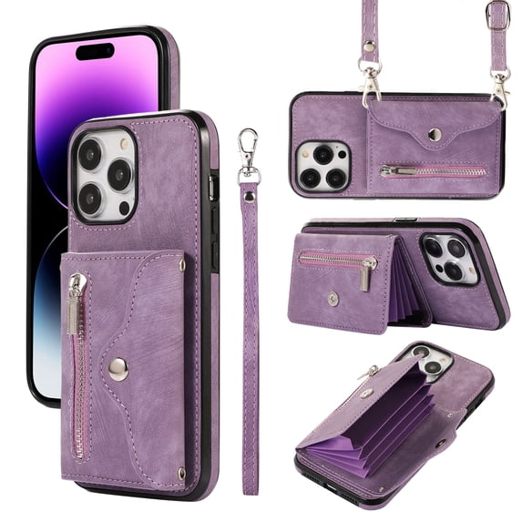 ELEHOLD Crossbody Wallet Case for iPhone 14 Pro 6.1" with RFID Card Slots Zipper Pocket Kickstand Function Shockproof Purse Case with Detachable Shoulder Strap,Purple