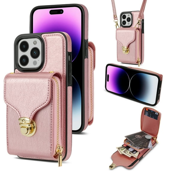ELEHOLD Crossbody Wallet Case for iPhone 14 Pro Max 6.7",Premium Leather Case with Card Holders Zipper Pocket Metal Snap Stand Function Detachable Shoulder Strap Luxury Case for Women,Rosegold