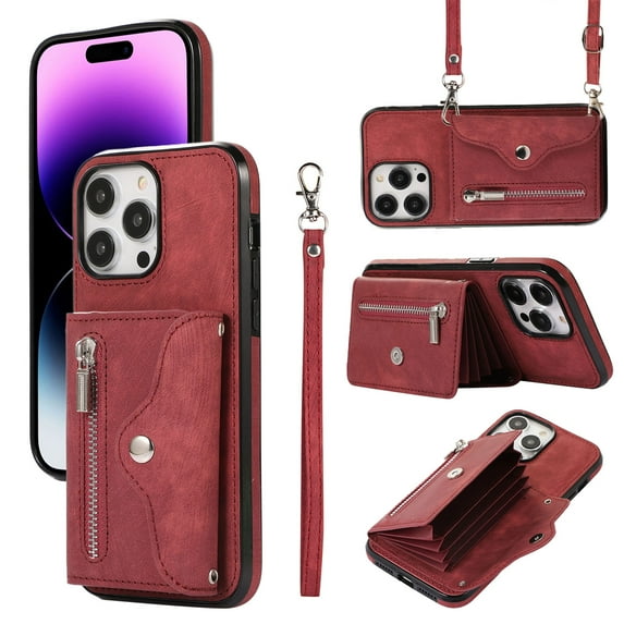 ELEHOLD Crossbody Wallet Case for iPhone 14 Pro Max 6.7" with RFID Card Slots Zipper Pocket Kickstand Function Shockproof Purse Case with Detachable Shoulder Strap,Red