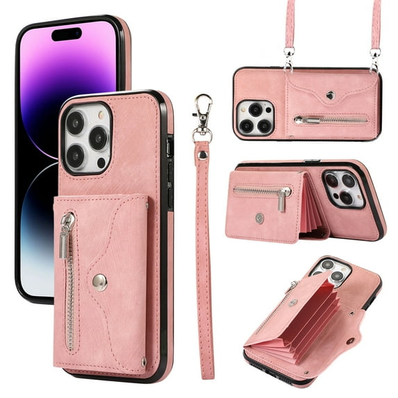 ELEHOLD Crossbody Wallet Case for iPhone 14 Pro Max 6.7" with RFID Card Slots Zipper Pocket Kickstand Function Shockproof Purse Case with Detachable Shoulder Strap,Rosegold