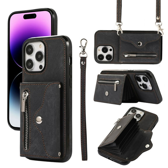 ELEHOLD Crossbody Wallet Case for iPhone 14 Pro Max 6.7" with RFID Card Slots Zipper Pocket Kickstand Function Shockproof Purse Case with Detachable Shoulder Strap,Black