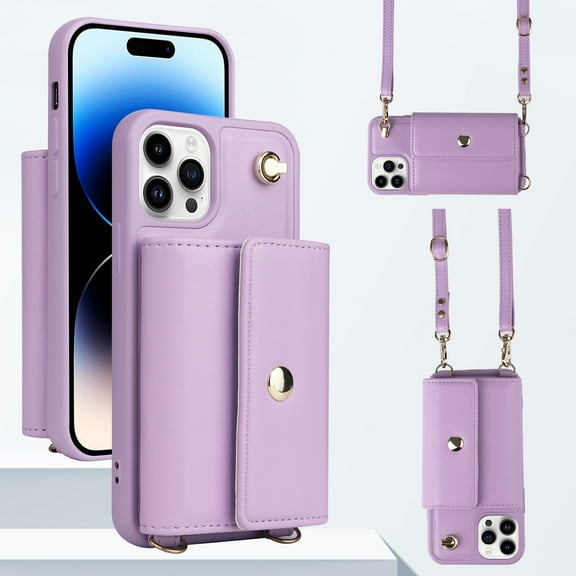 ELEHOLD Crossbody Wallet Case for iPhone 14 Pro PU Leather Double Buttons Shockproof Flip Cover with Detachable Shoulder Strap Card Slots Kickstand,Purple
