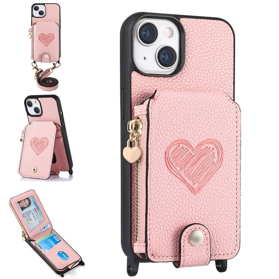 ELEHOLD Crossbody Wallet Case for iPhone 15 with Card Holder, Zipper Card Slot Shockproof Purse Stand Cover with Removable Lanyard Crossbody Shoulder Strap 6.1 Inch,Pink