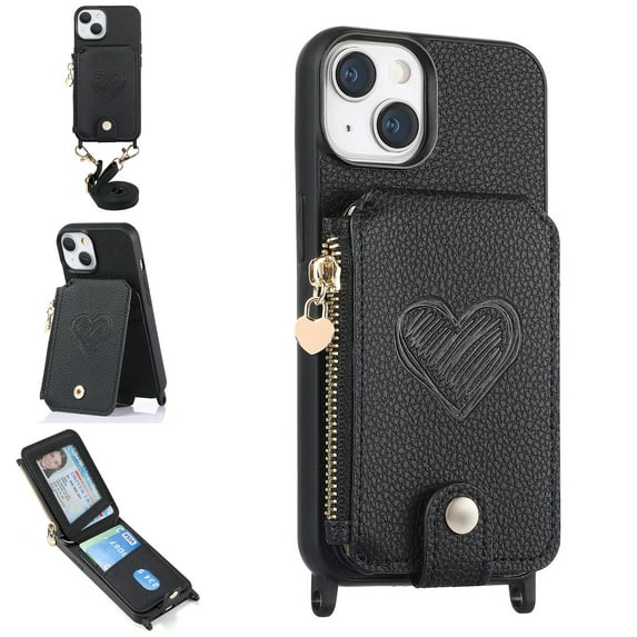 ELEHOLD Crossbody Wallet Case for iPhone 15 with Card Holder, Zipper Card Slot Shockproof Purse Stand Cover with Removable Lanyard Crossbody Shoulder Strap 6.1 Inch,Black