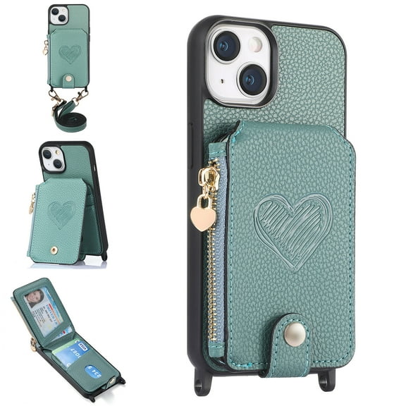 ELEHOLD Crossbody Wallet Case for iPhone 15 with Card Holder, Zipper Card Slot Shockproof Purse Stand Cover with Removable Lanyard  Crossbody Shoulder Strap 6.1 Inch,Green