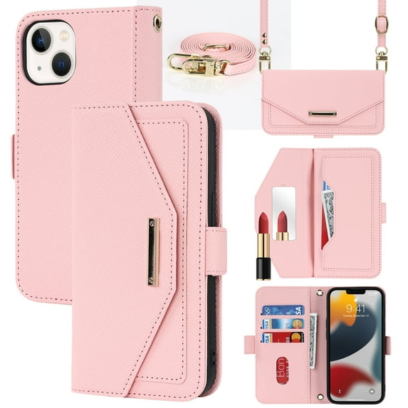 ELEHOLD Crossbody Wallet Case for iPhone 15 with Card Slots Hidden Make Up Mirror Magnetic Closure Detachable Shoulder Strap for Women Girls Elegant Purse Case,for iPhone 15,Pink