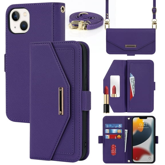 ELEHOLD Crossbody Wallet Case for iPhone 15 with Card Slots Hidden Make Up Mirror Magnetic Closure Detachable Shoulder Strap for Women Girls Elegant Purse Case,for iPhone 15,Purple