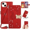 thumbnail image 1 of ELEHOLD Crossbody Wallet Case for iPhone 15 Plus 6.7" , PU Leather Embossed Butterfly Glitter Diamond Magnetic Clasp Card Slots Kickstand Shockproof Wallet with Wrist Lanyard,  Red, 1 of 13