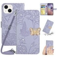 thumbnail image 1 of ELEHOLD Crossbody Wallet Case for iPhone 15 Plus 6.7" , PU Leather Embossed Butterfly Glitter Diamond Magnetic Clasp Card Slots Kickstand Shockproof Wallet with Wrist Lanyard,  Lightpurple, 1 of 13