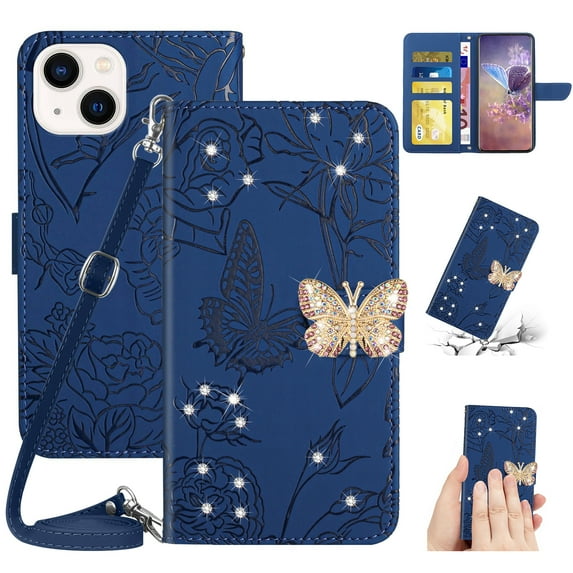 ELEHOLD Crossbody Wallet Case for iPhone 15 Plus 6.7" , PU Leather Embossed Butterfly Glitter Diamond Magnetic Clasp Card Slots Kickstand Shockproof Wallet with Wrist Lanyard, Darkblue