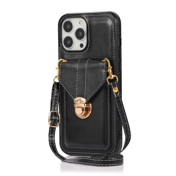 ELEHOLD Crossbody Wallet Case for iPhone 15 Pro,Back Credit Card Holder Metal Snap Luxury Purse Case with Shoulder Strap for Women Girls for iPhone 15 Pro 6.1 Inch,Black