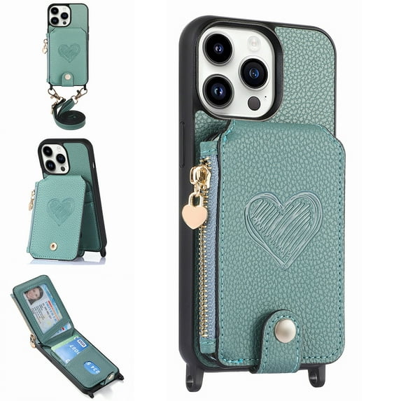 ELEHOLD Crossbody Wallet Case for iPhone 15 Pro with Card Holder, Zipper Card Slot Shockproof Purse Stand Cover with Removable Lanyard Crossbody Shoulder Strap 6.1 Inch,Green