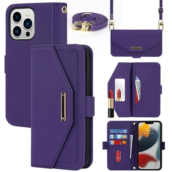 ELEHOLD Crossbody Wallet Case for iPhone 15 Pro with Card Slots Hidden Make Up Mirror Magnetic Closure Detachable Shoulder Strap for Women Girls Elegant Purse Case,for iPhone 15 Pro,Purple