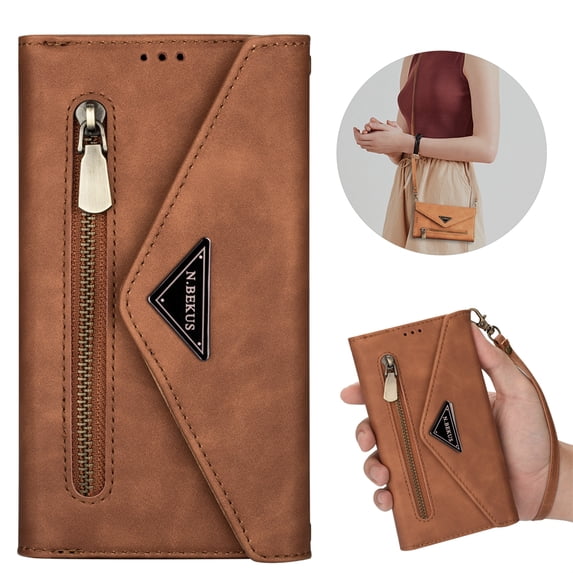 ELEHOLD Crossbody Wallet Case for iPhone 15 Pro Large Capacity Card Slots Zipper Pocket Adjustable Shoulder Strap Elegant Purse Case for iPhone 15 Pro,Brown