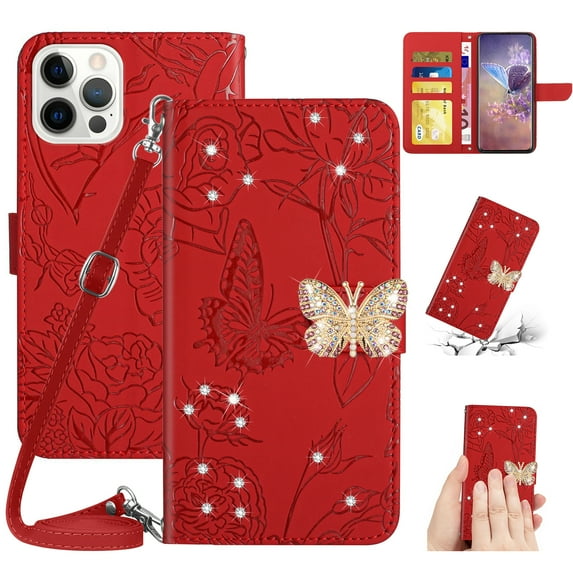 ELEHOLD Crossbody Wallet Case for iPhone 15 Pro Max 6.7" , PU Leather Embossed Butterfly Glitter Diamond Magnetic Clasp Card Slots Kickstand Shockproof Wallet with Wrist Lanyard, Red