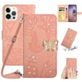 thumbnail image 1 of ELEHOLD Crossbody Wallet Case for iPhone 15 Pro Max 6.7" , PU Leather Embossed Butterfly Glitter Diamond Magnetic Clasp Card Slots Kickstand Shockproof Wallet with Wrist Lanyard, ELEHOLD CrossbodyPink, 1 of 13