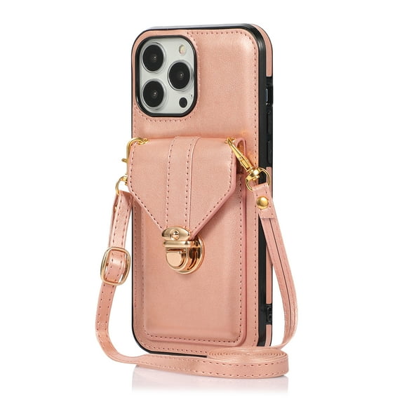 ELEHOLD Crossbody Wallet Case for iPhone 15 Pro Max,Back Credit Card Holder Metal Snap Luxury Purse Case with Shoulder Strap for Women Girls for iPhone 15 Pro Max 6.7 Inch,Rosegold