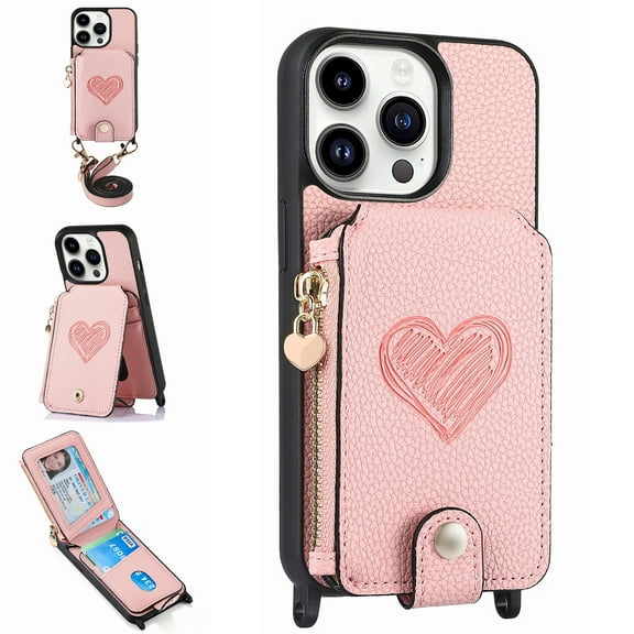 ELEHOLD Crossbody Wallet Case for iPhone 15 Pro Max with Card Holder, Zipper Card Slot Shockproof Purse Stand Cover with Removable Lanyard Crossbody Shoulder Strap 6.7 Inch,Pink