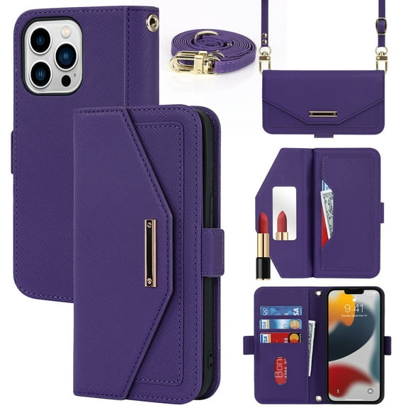 ELEHOLD Crossbody Wallet Case for iPhone 15 Pro Max with Card Slots Hidden Make Up Mirror Magnetic Closure Detachable Shoulder Strap for Women Girls Elegant Purse Case,for iPhone 15 Pro Max,Purple