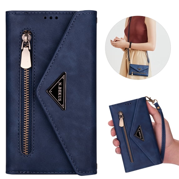 ELEHOLD Crossbody Wallet Case for iPhone 15 Pro Max Large Capacity Card Slots Zipper Pocket Adjustable Shoulder Strap Elegant Purse Case for iPhone 15 Pro Max,Blue