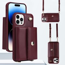 ELEHOLD Crossbody Wallet Case for iPhone 15 Pro Max PU Leather Double Buttons Shockproof Flip Cover with Detachable Shoulder Strap Card Slots Kickstand,Winered