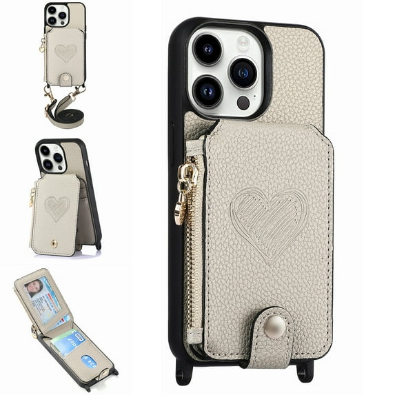 ELEHOLD Crossbody Wallet Case for iPhone 16 with Card Holder, Zipper Card Slot Shockproof Purse Stand Cover with Removable Lanyard Crossbody Shoulder Strap,Gray
