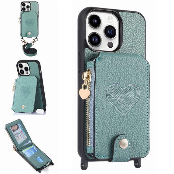 ELEHOLD Crossbody Wallet Case for iPhone 16 with Card Holder, Zipper Card Slot Shockproof Purse Stand Cover with Removable Lanyard Crossbody Shoulder Strap,Green