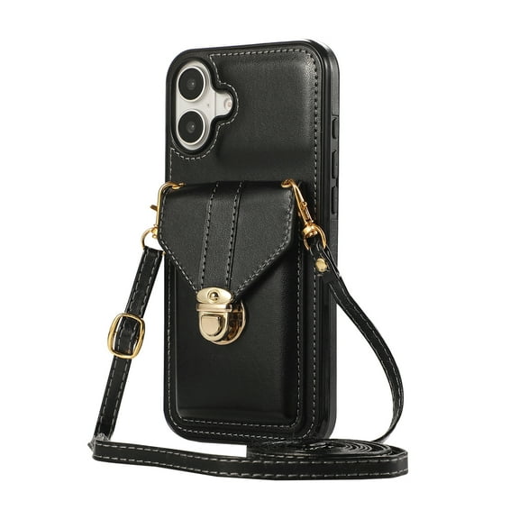 ELEHOLD Crossbody Wallet Case for iPhone 16 Plus,Back Credit Card Holder Metal Snap Luxury Purse Case with Shoulder Strap for Women Girls for iPhone 16 Plus ,Black